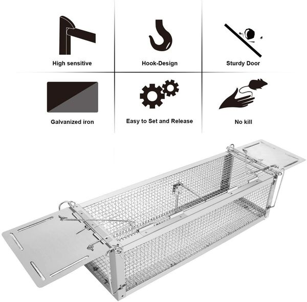 Animal Cage Mouse Trap, Catch and Release Mice, Hamsters and Other Rodents, Hook Design, Double Doors