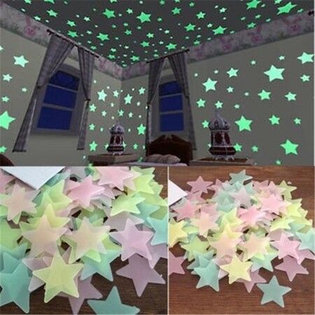 Glow-in-the-Dark 3D Stars for Kids Room, Fluorescent Luminous Stickers, Home Wall or Ceiling Decor 100pcs