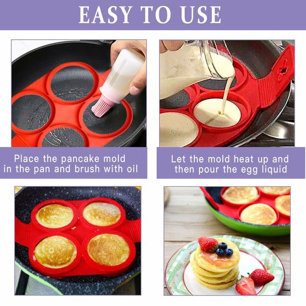 Homemade Pancake Mold, Reusable Silicone 4 Cavity Fried Egg Mold (Round Heart Star) - 4 Pieces