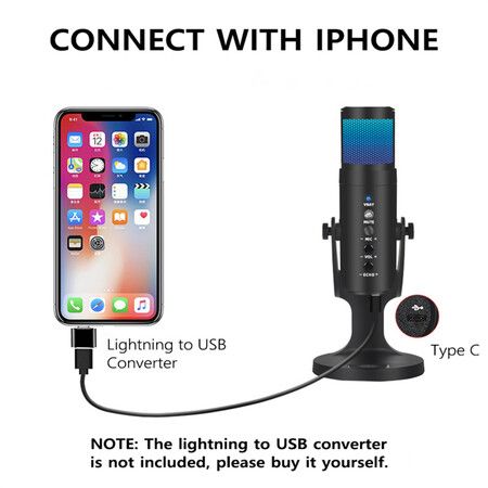 RGB Condenser Microphone Stand Gaming Live Streaming Professional Type-C USB Mic for PC iPhone iPad Android Smartphone