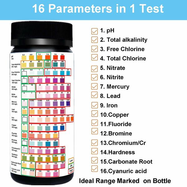 16 in 1 Pool Spa Tap Drinking Water Test Kit 50pcs Test Strips with Hardness, PH, Mercury, Lead, Iron, Copper, Chlorine, Chromium/Cr, Cyanuric Acid