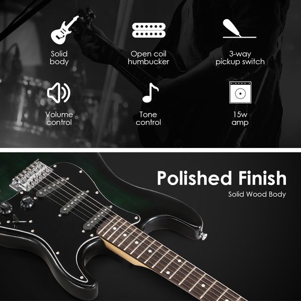 Melodic 39 Inch Electric Guitar with Bonus Amplifier Beginner Full Size Black and Green