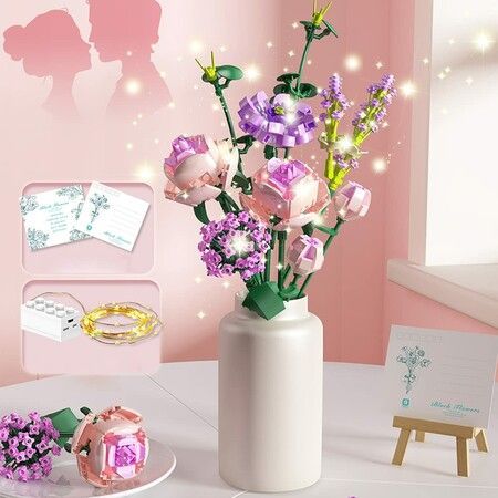 Rose Flower Model Building Blocks with Light, 413Pcs Rose Bouquet Building Bricks with Wrapping Paper,Compatible with Lego