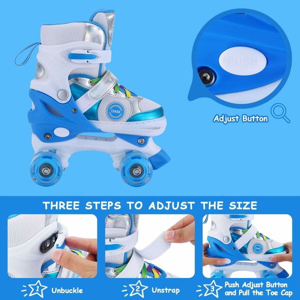 SizeM Kids Teens Roller Skates Adjustable 4 Sizes 4 Light Up Wheels For Size33-37 Col.Blue