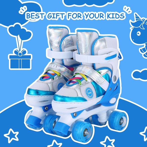 SizeM Kids Teens Roller Skates Adjustable 4 Sizes 4 Light Up Wheels For Size33-37 Col.Blue