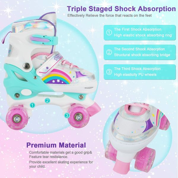 SizeM Kids Teens Roller Skates Adjustable 4 Sizes 4 Light Up Wheels For Size33-37 Col.Pink