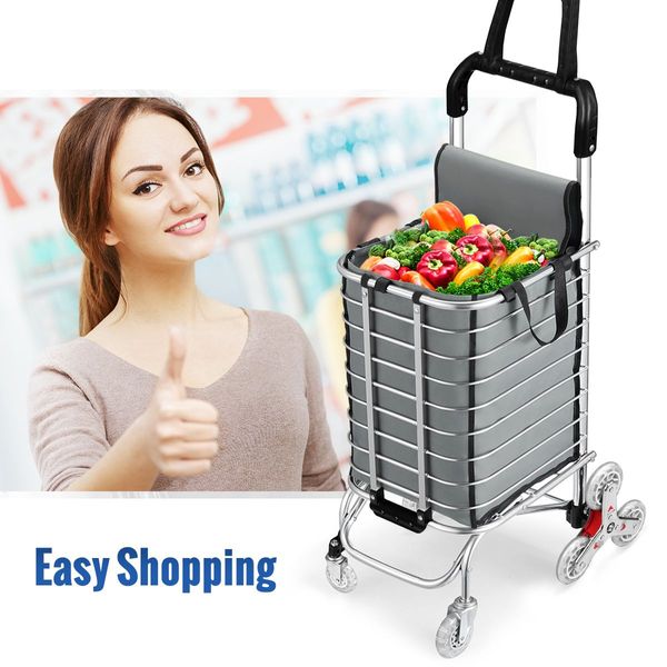 Foldable Shopping Bag Trolley Cart Waterproof Grocery Basket 4 Stair Climbing Wheels Grey