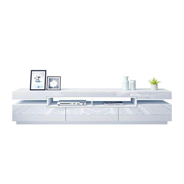 200cm TV Cabinet Bench Drawers and 2 Doors Television Unit Stand White High Gloss Front