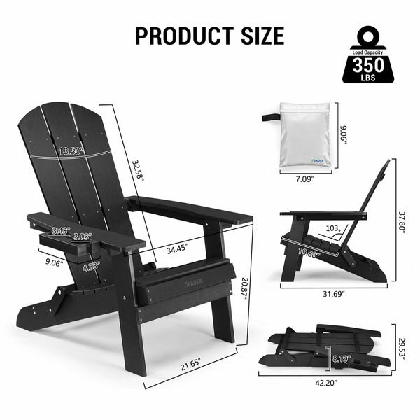 Neader Adirondack Chair Reclining Foldable Occasional Outdoor Lounging Furniture Black x2