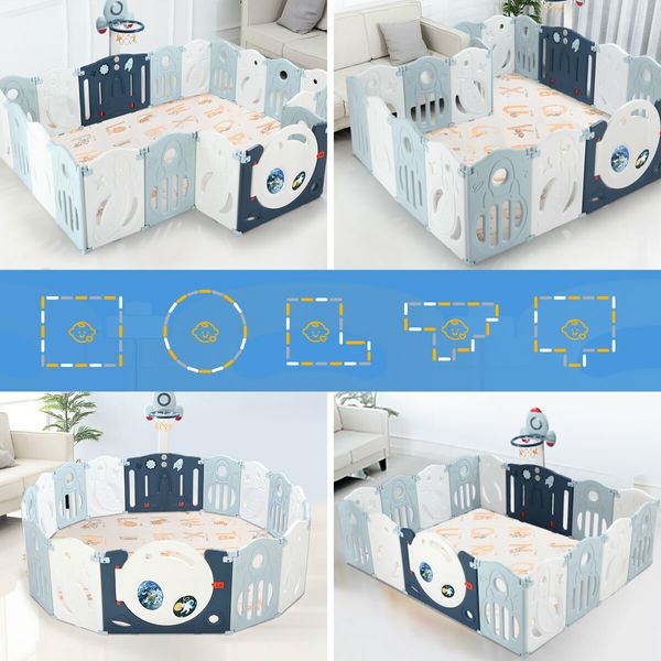 Kidbot 16 Panels Baby Safety Playpen Interactive Fence Gate Yard Foldable Airship Design