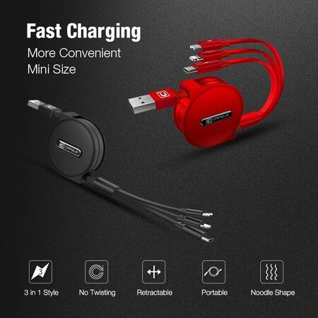 3 in 1 Charging Cable, Winding Lightning Cable,Micro/Type C, 47.2 inches (120 cm), Black