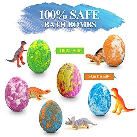 6x Bath Bombs for Kids with Dino Toys Inside Handmade Bubble Fizzies Spa Birthday Christmas Day Easter Eggs Gift Set