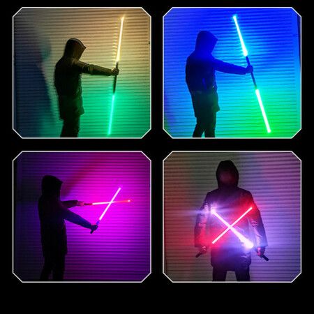 Metal fight handle 8-color metal laser sword two-in-one kids rechargeable lightsaber vocal and bright sword toy Black (2Pack Mode)