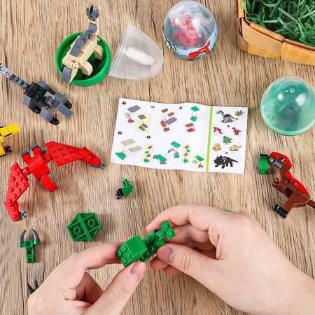 6 Easter Dinosaur Eggs, Dino Eggs with Dinosaurs Building Blocks STEM Dinosaur Toys for Kids Surprise Easter Eggs Easter Basket