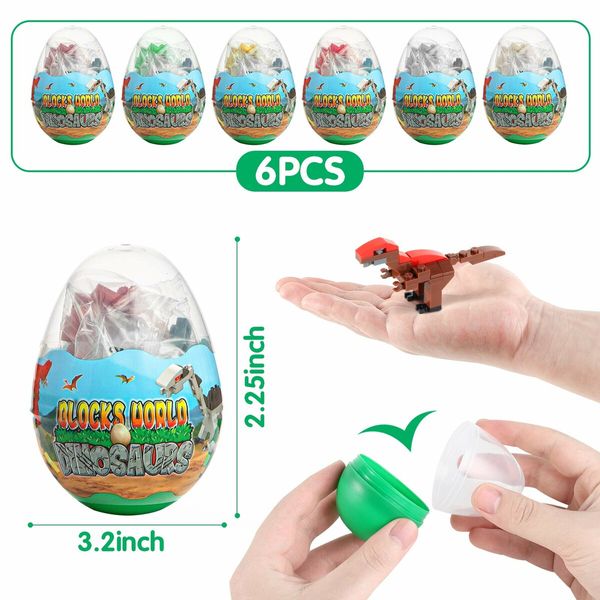 6 Easter Dinosaur Eggs, Dino Eggs with Dinosaurs Building Blocks STEM Dinosaur Toys for Kids Surprise Easter Eggs Easter Basket