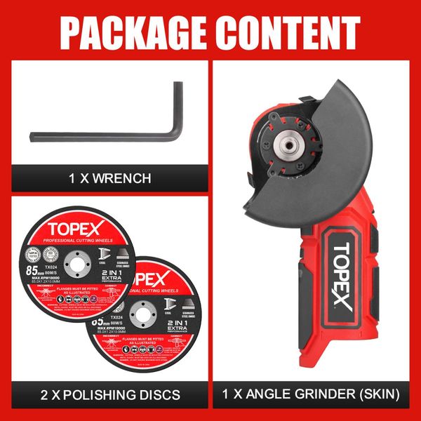 TOPEX 12V Cordless Angle Grinder with 2 Polishing disc,1 Wrench for Metal and Wood??