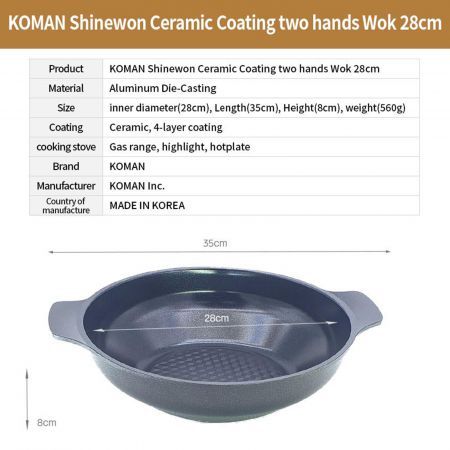 KOMAN Shinewon Two Hands Wok 28cm Ceramic Non-stick Titanium + Glass Lid - BLACK