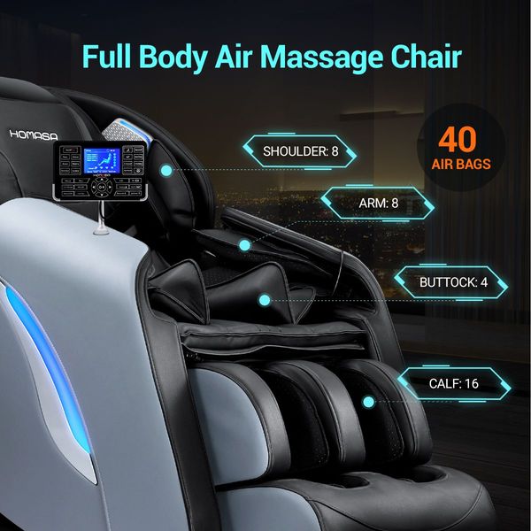 HOMASA Massage Chair 4D Electric Massager Zero Gravity Recliner with Bluetooth Speaker Gray