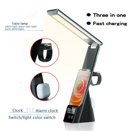 Newest Multi-Function Table Lamp Clock Convenient Three In One Fast Charger For Mobile Phone Watch Headset Wireless Charging Col Black