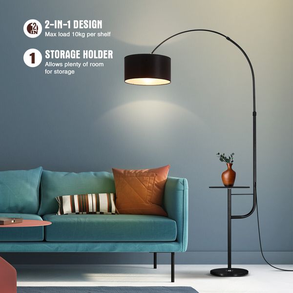 Modern Black LED Floor Lamp Arc Standing Corner Reading Light Adjustable Storage Living Room