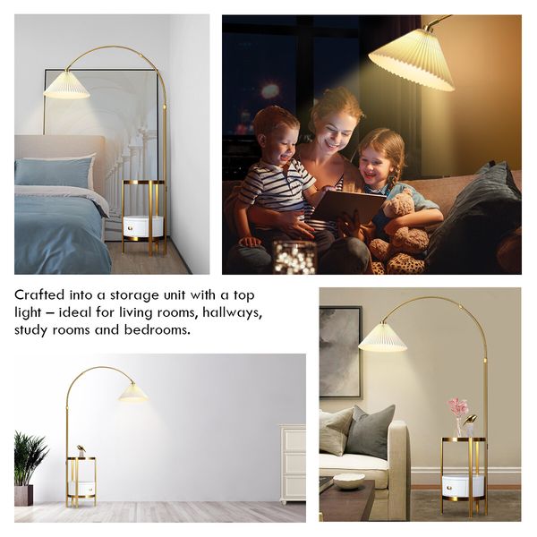 Gold Arc LED Floor Lamp Adjustable Corner Standing Reading Light Storage Shelves Living Room