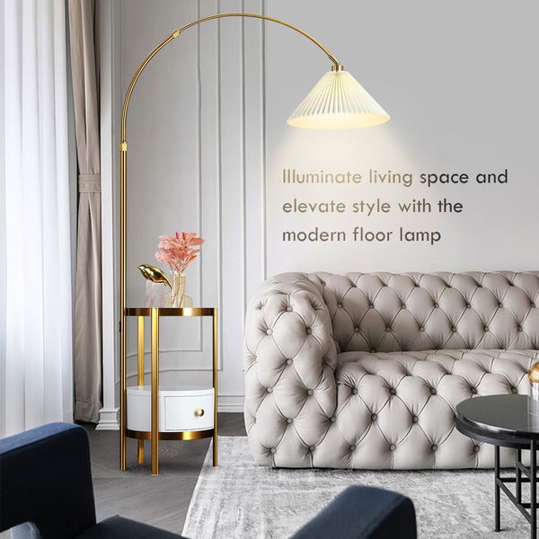 Gold Arc LED Floor Lamp Adjustable Corner Standing Reading Light Storage Shelves Living Room