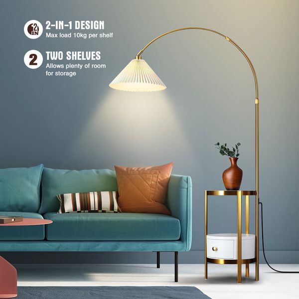 Gold Arc LED Floor Lamp Adjustable Corner Standing Reading Light Storage Shelves Living Room