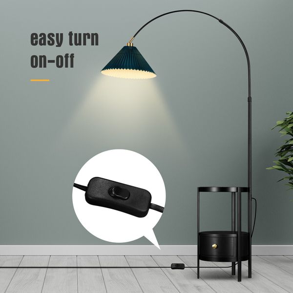 Black LED Floor Lamp Arc Corner Standing Reading Light Height Adjustable Storage Shelves Drawer