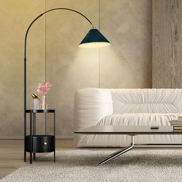 Black LED Floor Lamp Arc Corner Standing Reading Light Height Adjustable Storage Shelves Drawer