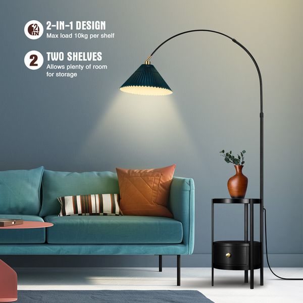 Black LED Floor Lamp Arc Corner Standing Reading Light Height Adjustable Storage Shelves Drawer