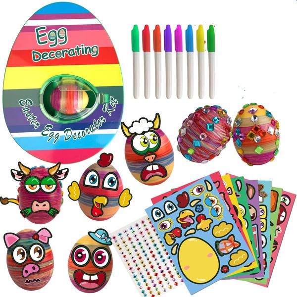 Easter Eggs Music Light Spinner?egg dying kit?egg painting kit,Coloring Kit with plus 10 wooden eggs crystals cartoon stickers