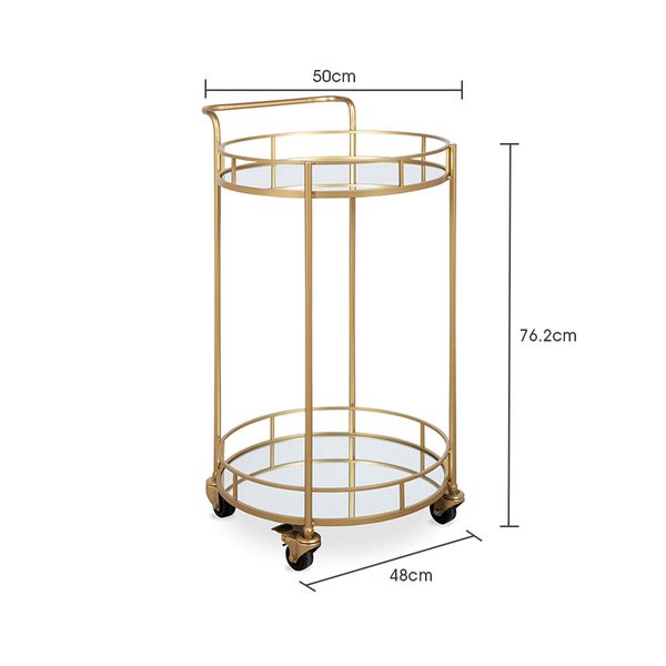 Round Gold Bar Cart Rolling Serving Drinks Metal Trolley Tea Wine Coffee Mobile Trolly 4 Wheels 2 Trays Mirrored Glass Top