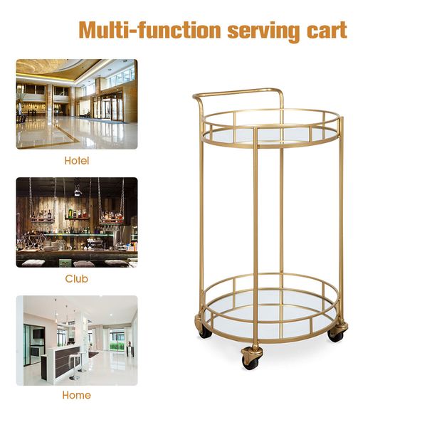 Round Gold Bar Cart Rolling Serving Drinks Metal Trolley Tea Wine Coffee Mobile Trolly 4 Wheels 2 Trays Mirrored Glass Top