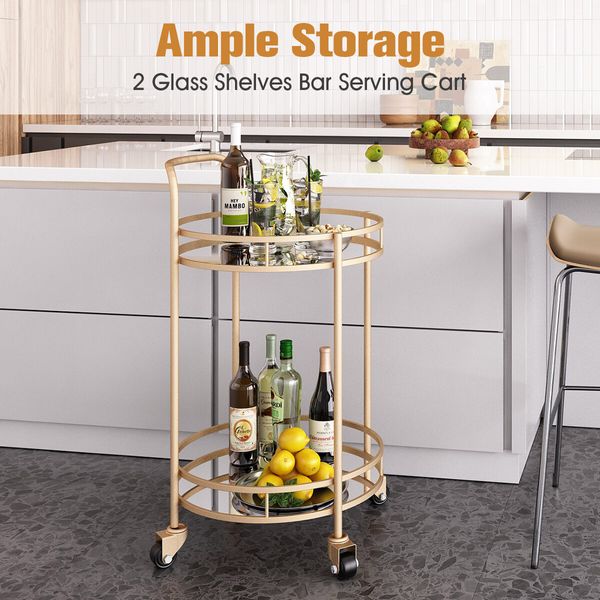 Round Gold Bar Cart Rolling Serving Drinks Metal Trolley Tea Wine Coffee Mobile Trolly 4 Wheels 2 Trays Mirrored Glass Top