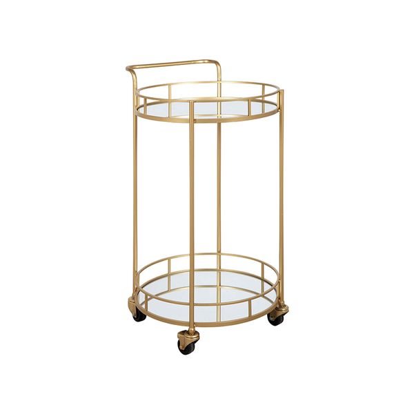 Round Gold Bar Cart Rolling Serving Drinks Metal Trolley Tea Wine Coffee Mobile Trolly 4 Wheels 2 Trays Mirrored Glass Top