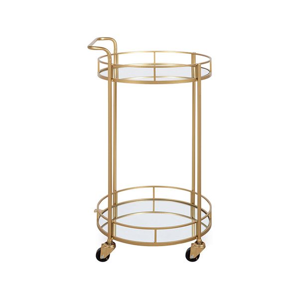 Round Gold Bar Cart Rolling Serving Drinks Metal Trolley Tea Wine Coffee Mobile Trolly 4 Wheels 2 Trays Mirrored Glass Top