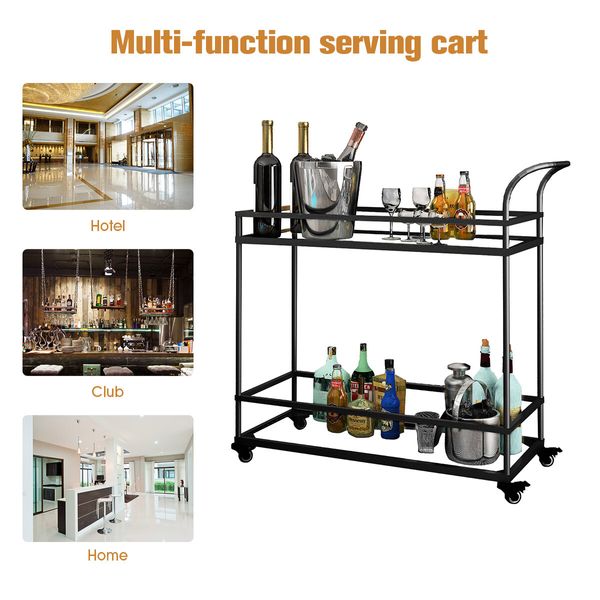 Black Bar Cart Coffee Rolling Trolley Tea Drinks Cocktail Wine Mobile Trolly Glass Shelves Lockable Wheels