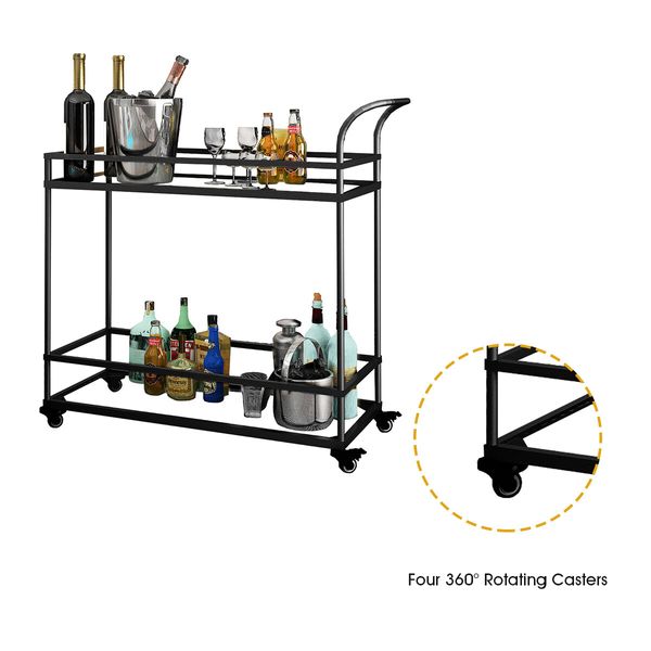 Black Bar Cart Coffee Rolling Trolley Tea Drinks Cocktail Wine Mobile Trolly Glass Shelves Lockable Wheels