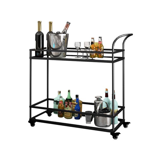 Black Bar Cart Coffee Rolling Trolley Tea Drinks Cocktail Wine Mobile Trolly Glass Shelves Lockable Wheels