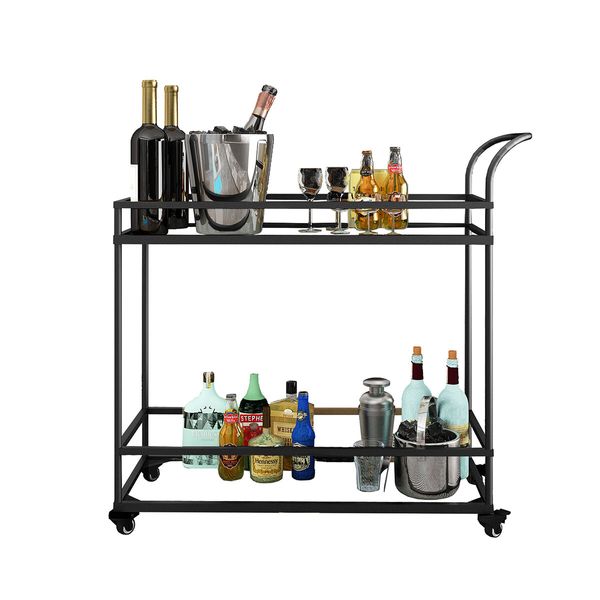 Black Bar Cart Coffee Rolling Trolley Tea Drinks Cocktail Wine Mobile Trolly Glass Shelves Lockable Wheels