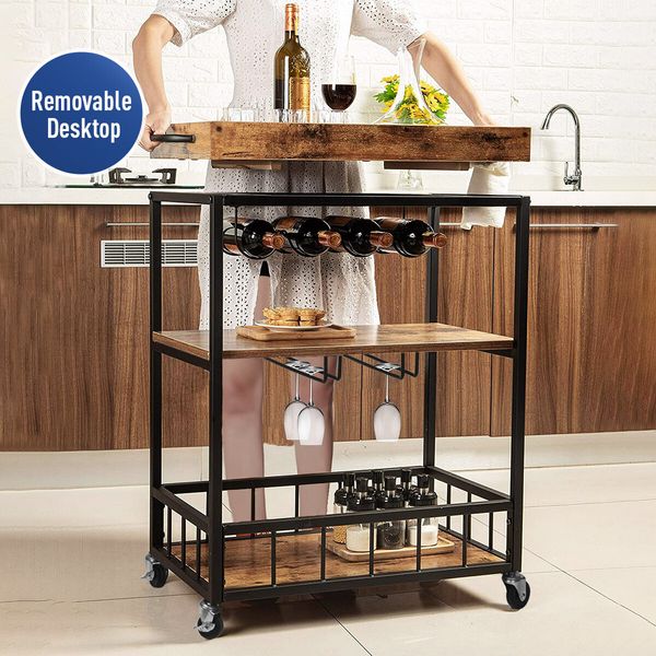 Rolling Bar Cart Mobile Drinks Coffee Tea Serving Trolley Wine Rack Glass Holder Removable Top Tray Brown