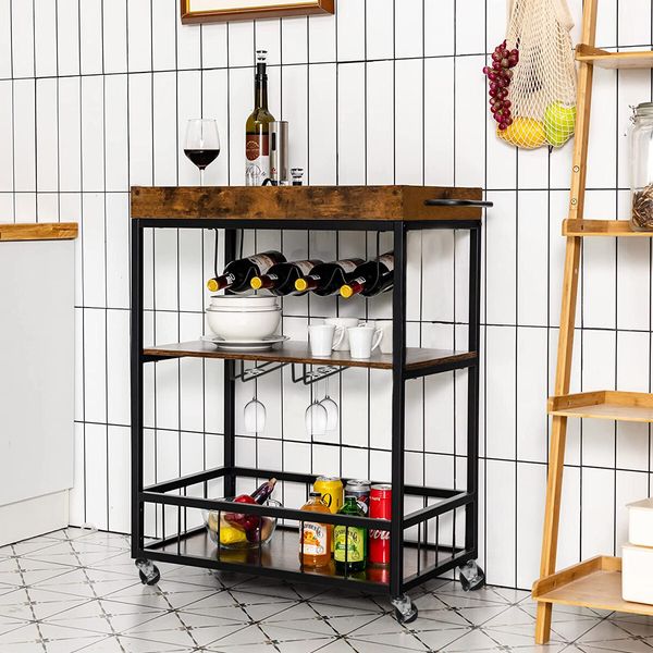 Rolling Bar Cart Mobile Drinks Coffee Tea Serving Trolley Wine Rack Glass Holder Removable Top Tray Brown