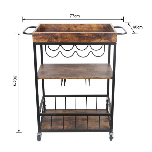 Rolling Bar Cart Mobile Drinks Coffee Tea Serving Trolley Wine Rack Glass Holder Removable Top Tray Brown