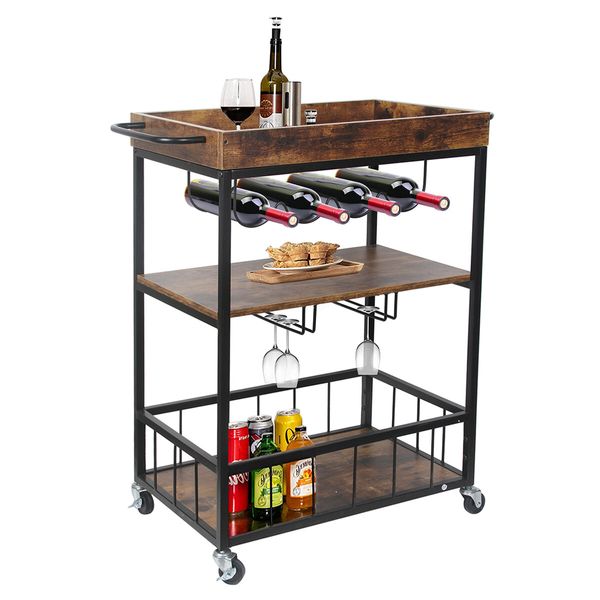 Rolling Bar Cart Mobile Drinks Coffee Tea Serving Trolley Wine Rack Glass Holder Removable Top Tray Brown