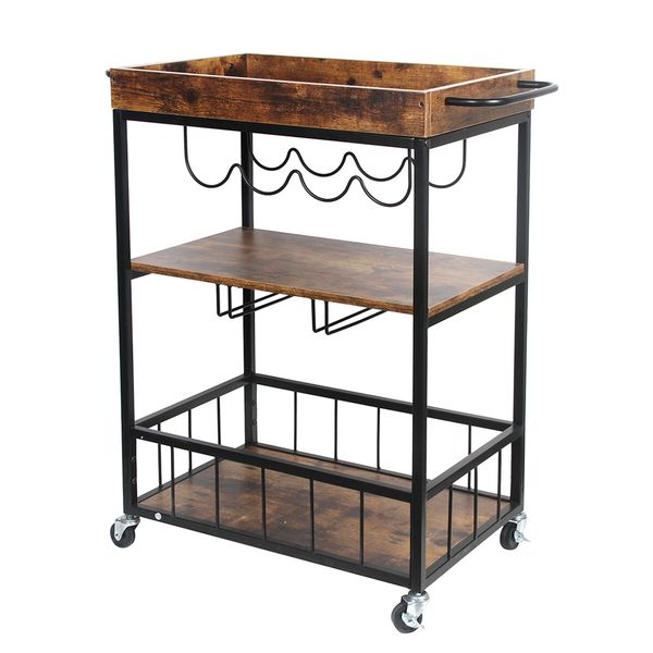 Rolling Bar Cart Mobile Drinks Coffee Tea Serving Trolley Wine Rack Glass Holder Removable Top Tray Brown