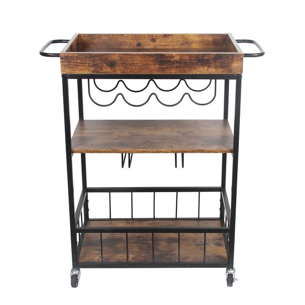 Rolling Bar Cart Mobile Drinks Coffee Tea Serving Trolley Wine Rack Glass Holder Removable Top Tray Brown