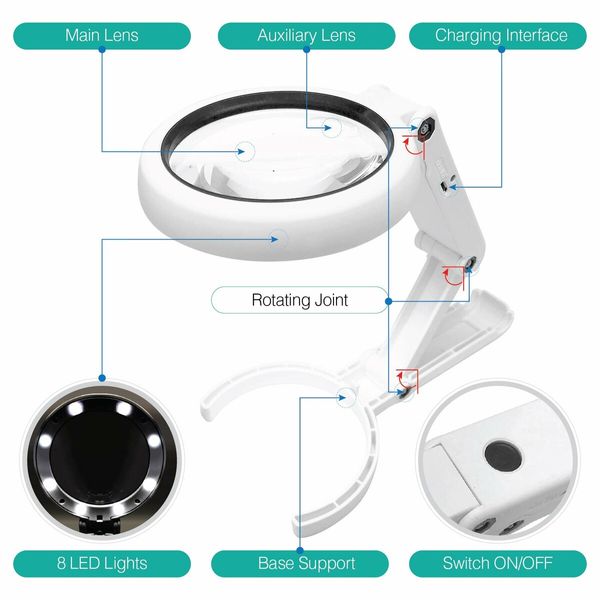 Magnifying Glass with 8 LED Lights, Hands Free Magnifying Glass, Double Magnification Lens, Ideal for Reading Books, Jewelry, Coins, Crafts