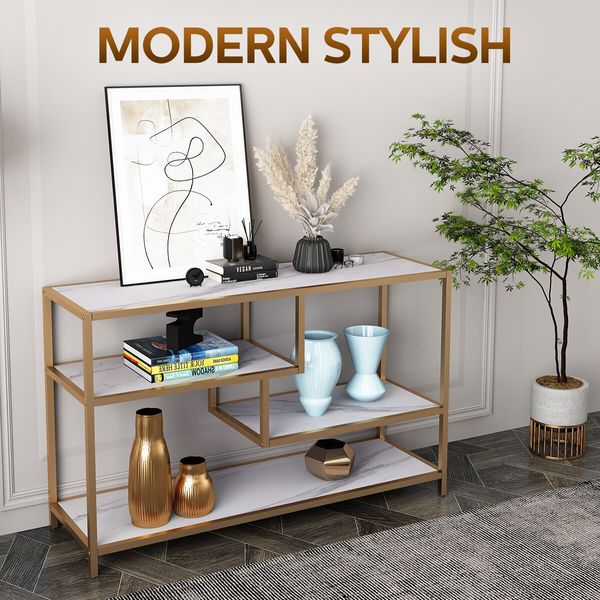 Gold Console Sofa Table End Entryway Hallway Small TV Stand Faux Marble 4 Tiers Storage Shelves