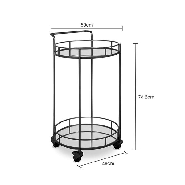 Round Black Bar Cart Mobile Drinks Serving Trolley Tea Coffee Wine Rolling Trolly 4 Wheels 2 Trays Metal Mirrored Glass Top