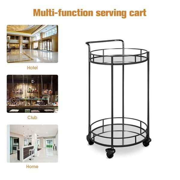 Round Black Bar Cart Mobile Drinks Serving Trolley Tea Coffee Wine Rolling Trolly 4 Wheels 2 Trays Metal Mirrored Glass Top